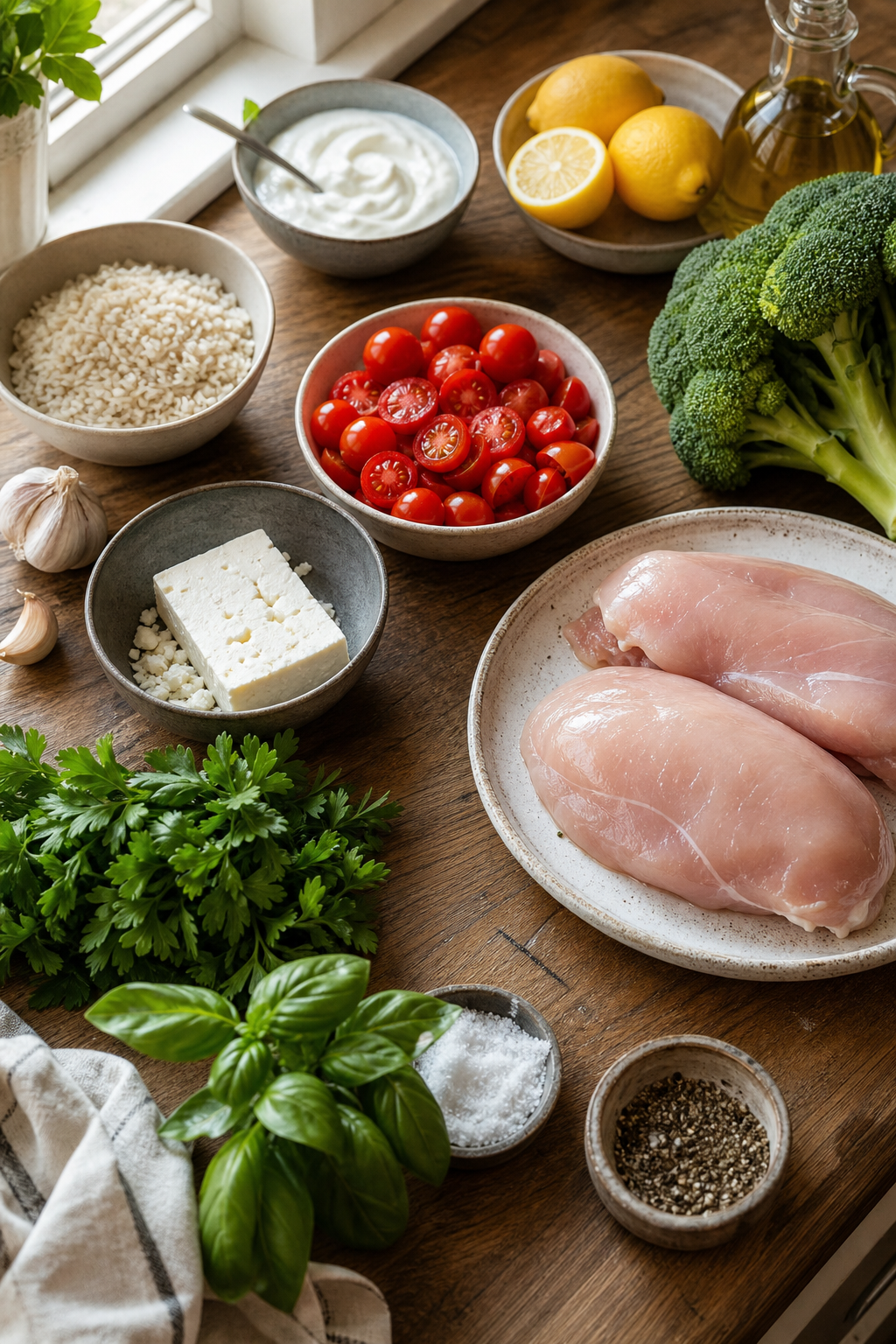Fresh ingredients on a wooden counter: chicken thighs, feta, cherry tomatoes, broccoli, Greek yoghurt, lemon, parsley, garlic, rice and olive oil.