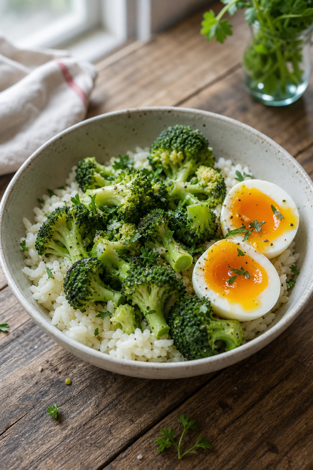 Warm broccoli rice bowl with a soft-boiled egg.