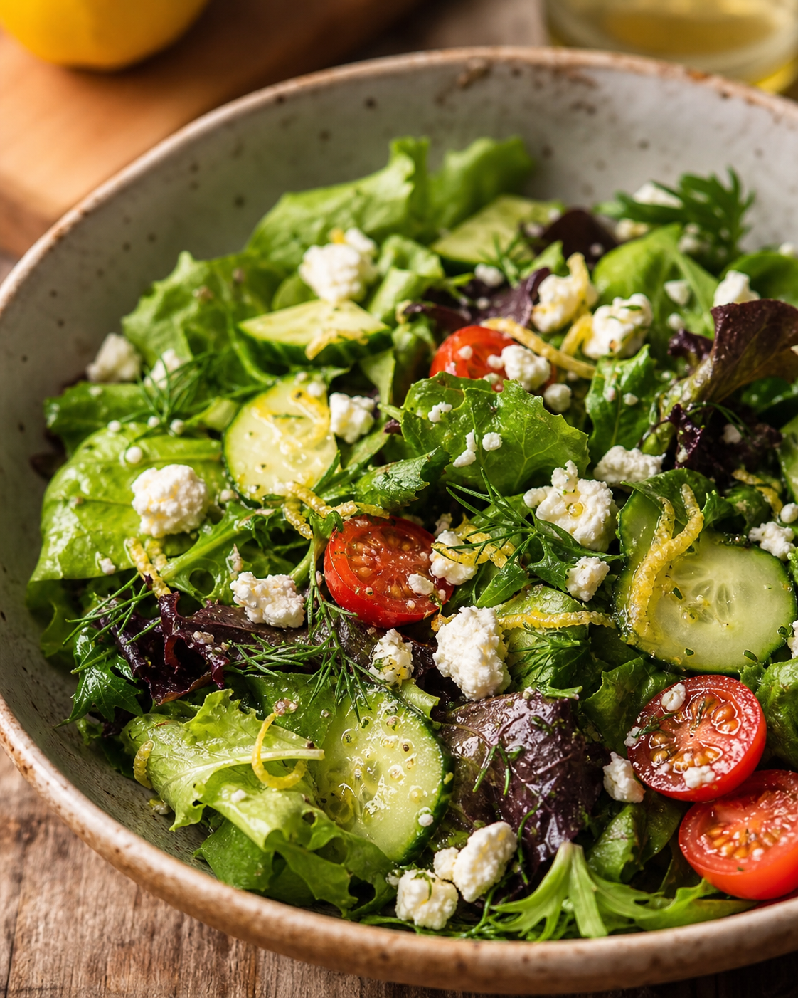 Green feta cherry tomato salad with cucumber.