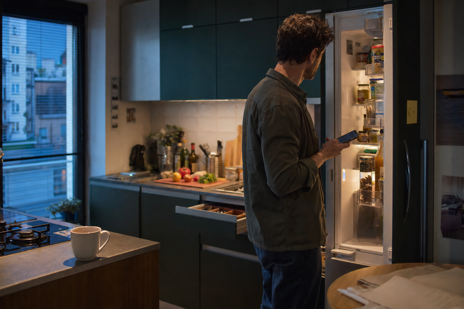 A person at night, lit by an open fridge, holding a phone, deciding what to cook.
